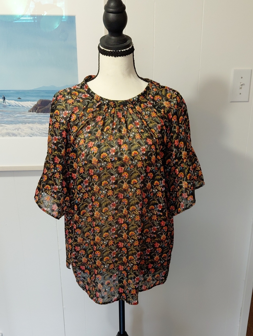 LOFT Black Floral Short-Sleeve Peasant Blouse with Pink & Red Flowers